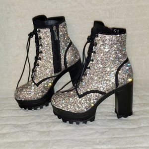 Cape Robbin Silver Crystal Lace-Up Platform Ankle Boots